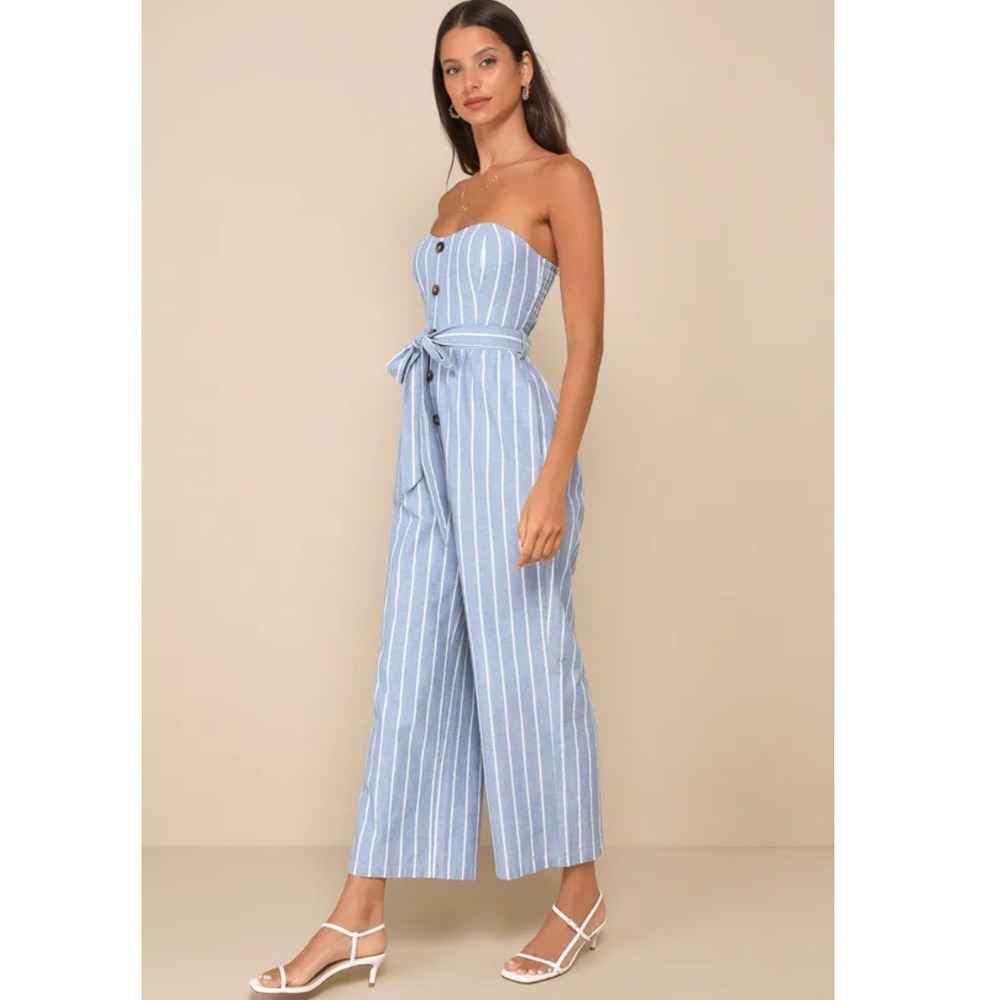 Lulus Sunny Day Classic Blue White Striped Strapless Jumpsuit Linen Blend Small - Picture 9 of 9